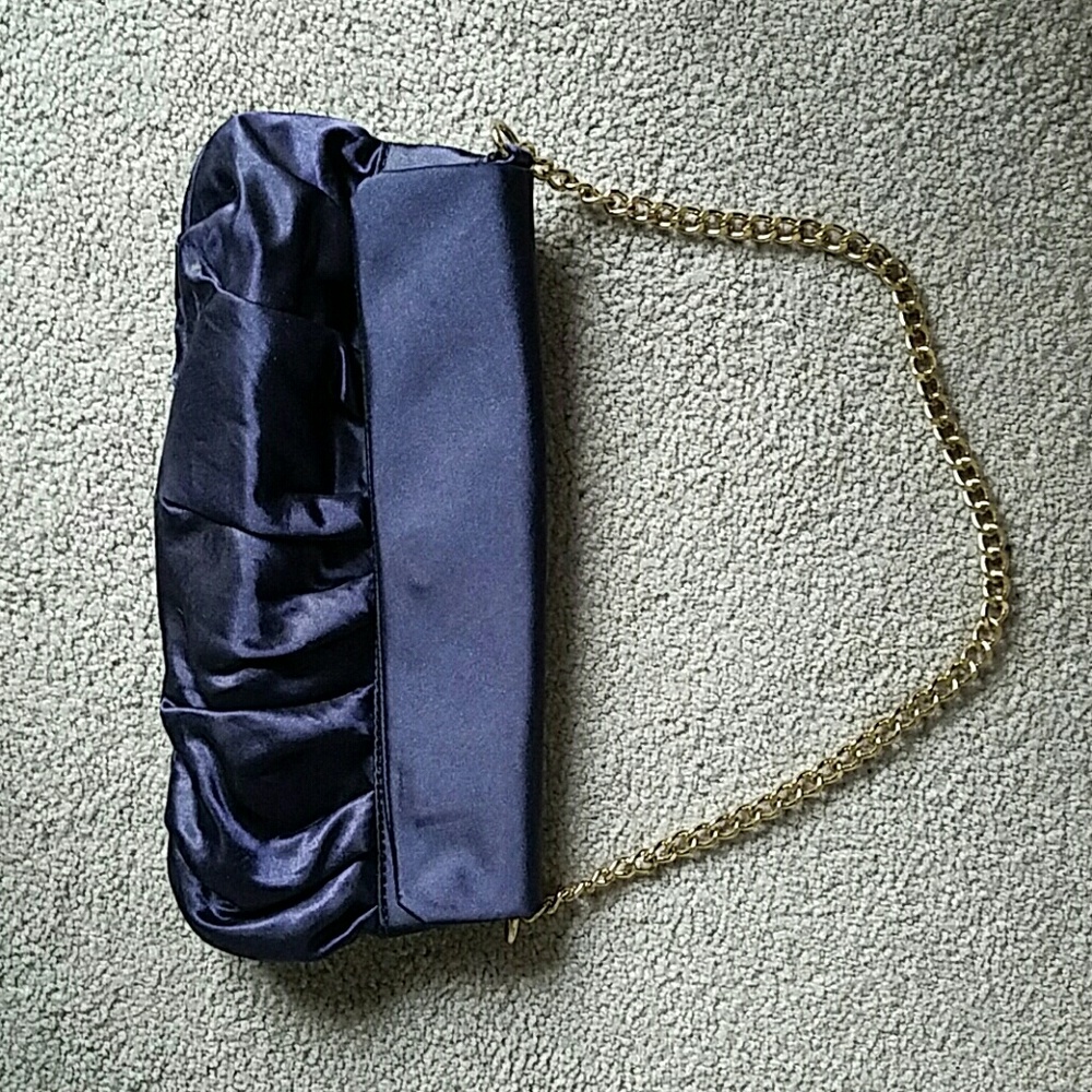 Ann Taylor Navy Satin Ruffle Wristlet with Gold Chain